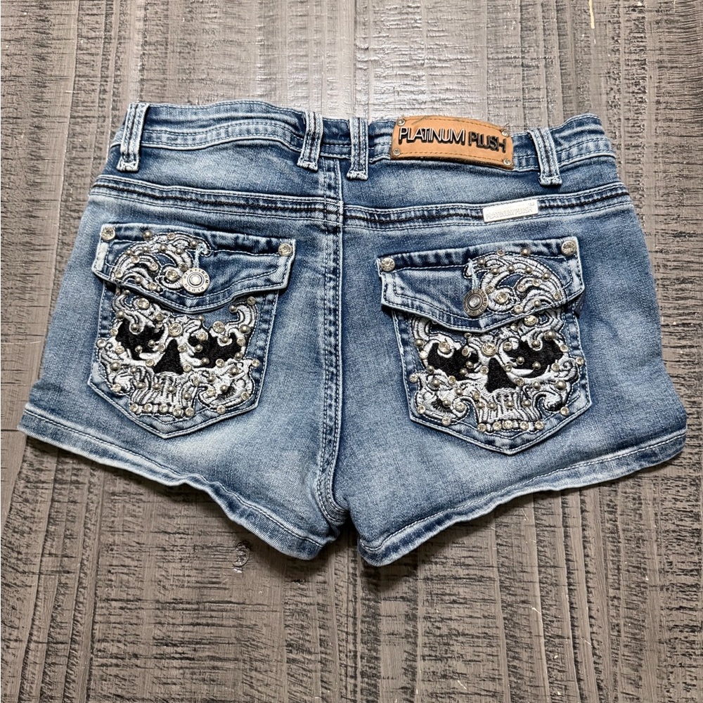 Light Blue Denim Jean Shorts with Stud Detail & Back Skull ๐ Pockets - Picture 8 of 11